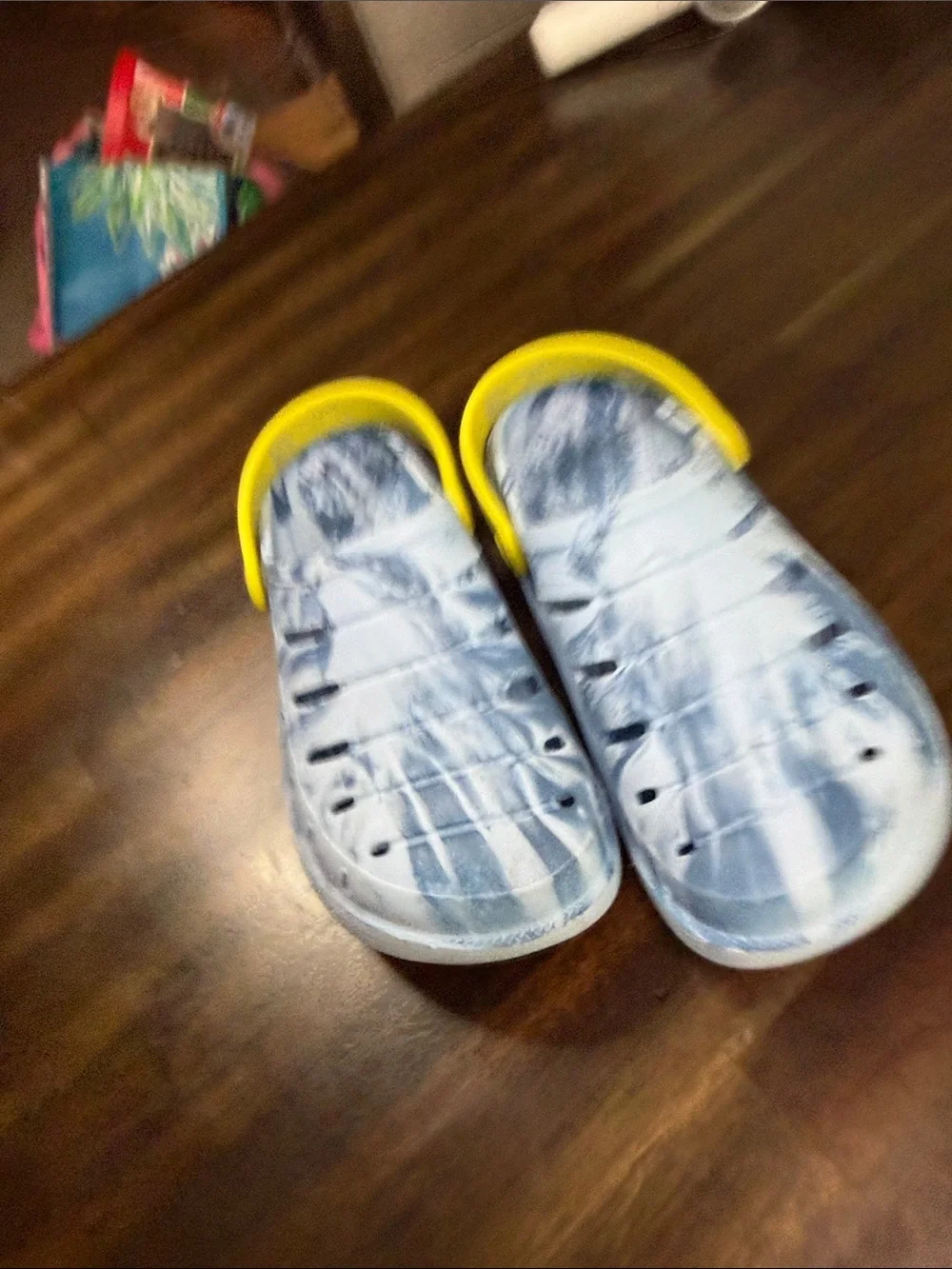 Kids Blue Marble Slip-On Sandals with Bright Yellow Heel Strap